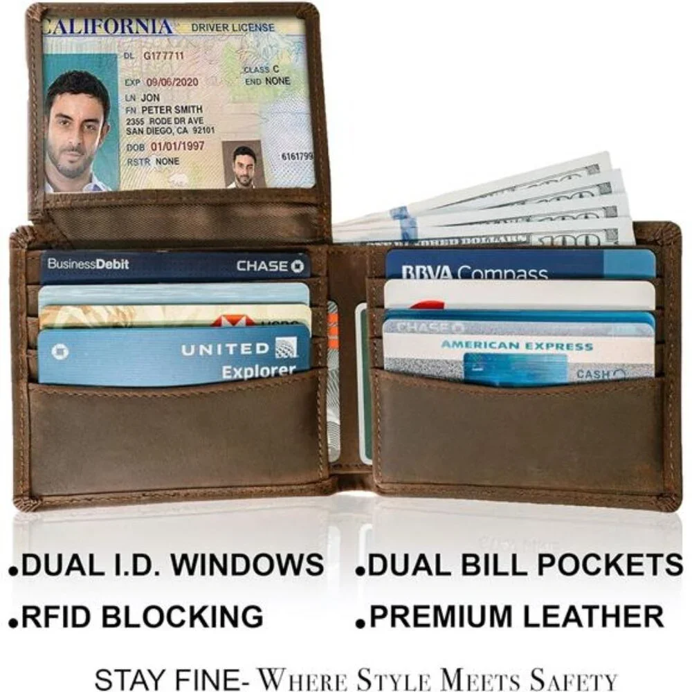 Mens Leather Wallet RFID Blocking Bifold Slim Billfold 8 Card Slots Gift